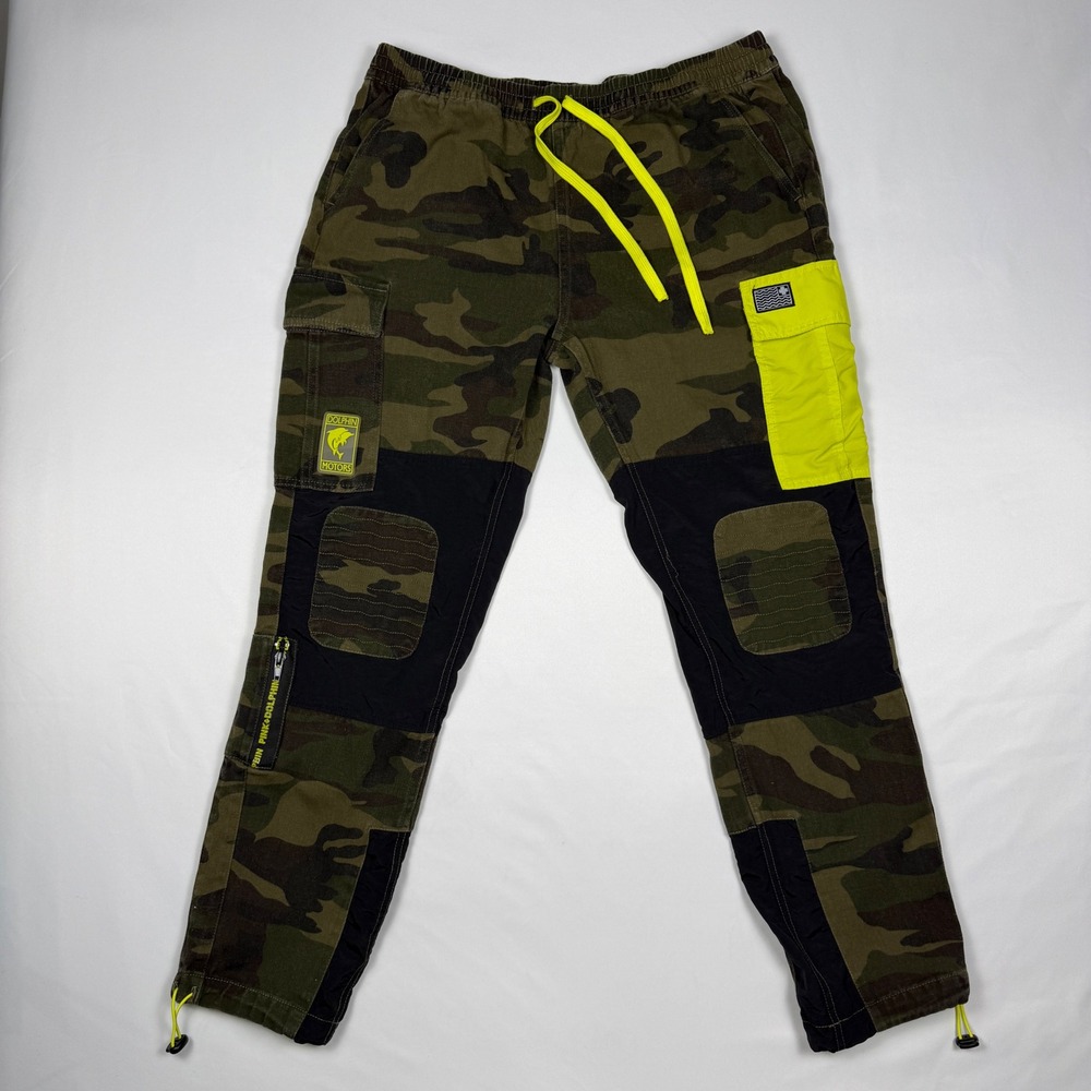 Pink Dolphin Cargo Pants Mens Large Camo Neon Green Tactical Streetwear Utility